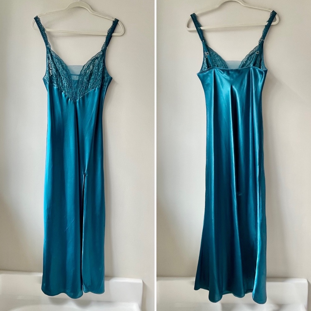 Victoria's Secret Vintage Gold Label Teal Long Chemise Slip Nightgown